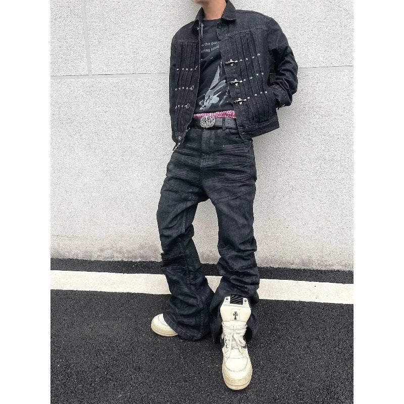 Denim Pant Men Stacked Jeans Vintage Pants Spliced Full Length Mid Waist Washed Straight Trousers Y2k High Street Casual Spring