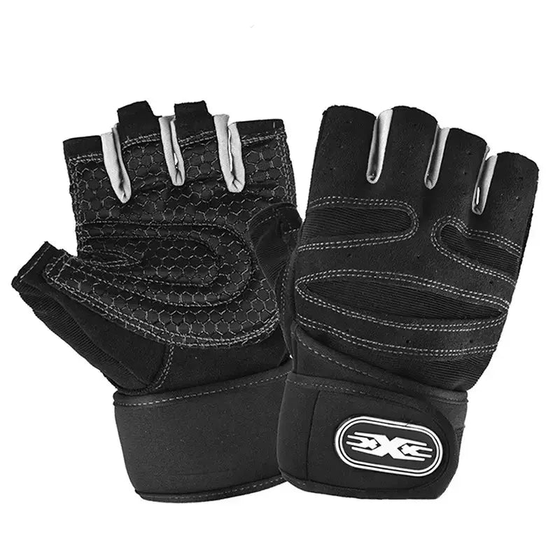 Black fingerless weightlifting gloves with wrist wrap featuring textured mesh palm and reinforced stitching on the back side.