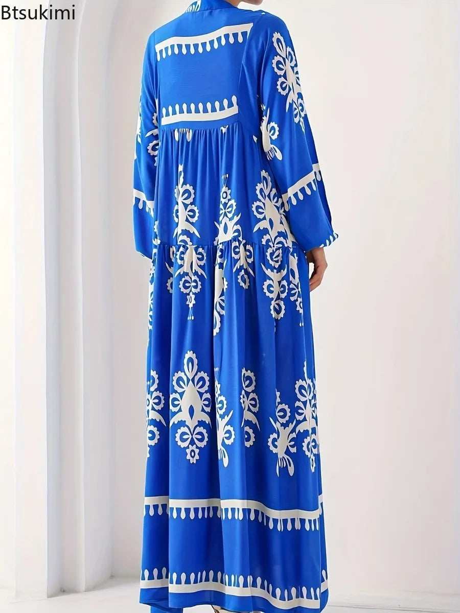 New Women's Loose Ethnic Retro Dress Spring Autumn Print V Neck Casual Long Dress Arab Style Bohemian Maxi Dresses Muslim Abayas
