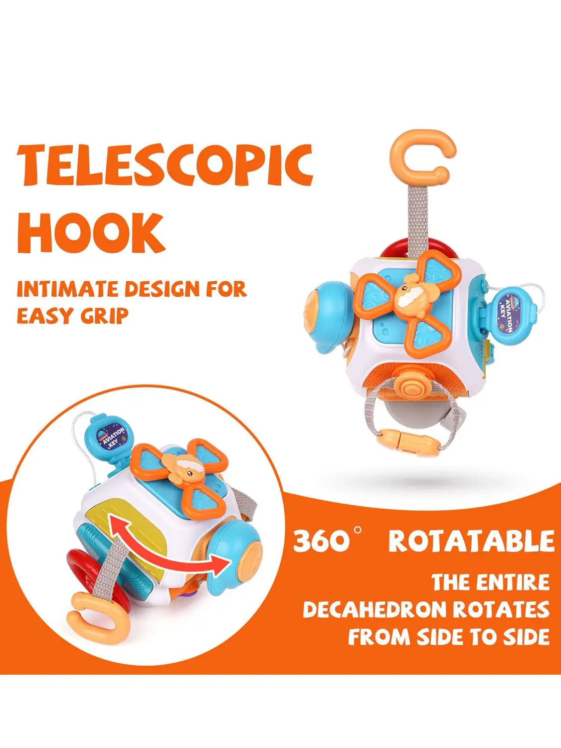 Jouet de voyage cube d’occupation Montessori comportant un design de vaisseau spatial coloré rotatif à 360 degrés avec des accents orange et bleu.