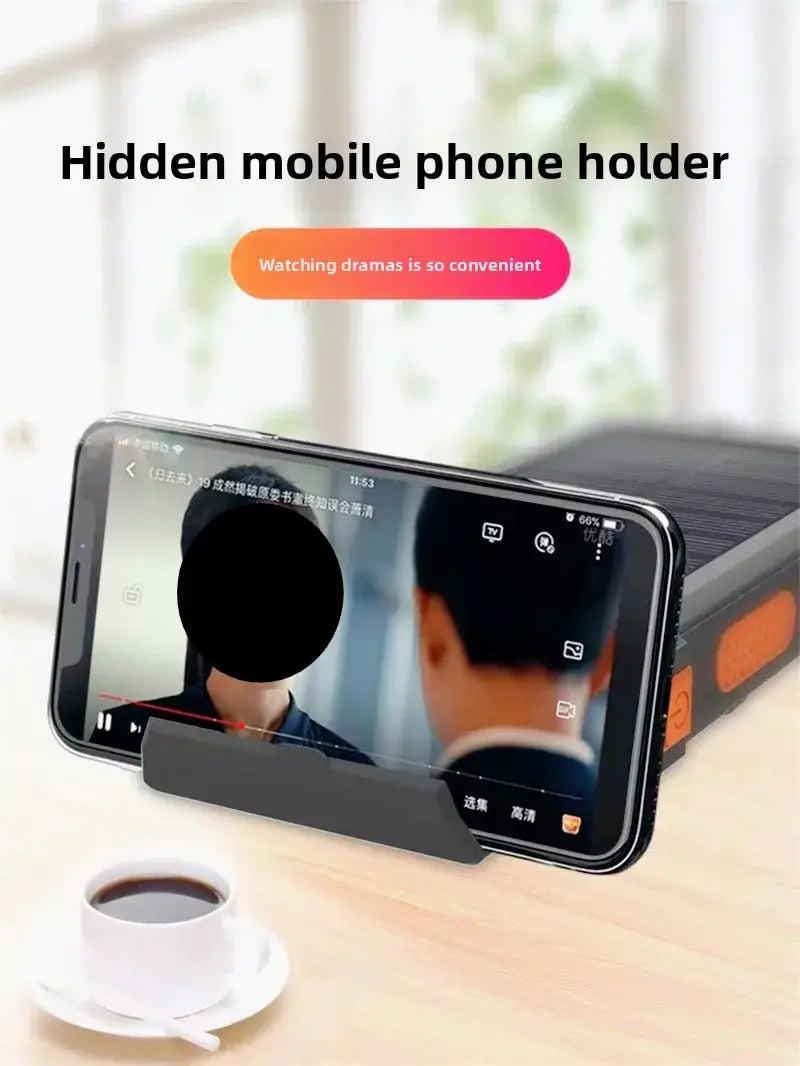 Black hidden mobile phone holder with orange accents designed to securely hold a smartphone in landscape orientation for the solar power bank 20000mah rugged portable charger.
