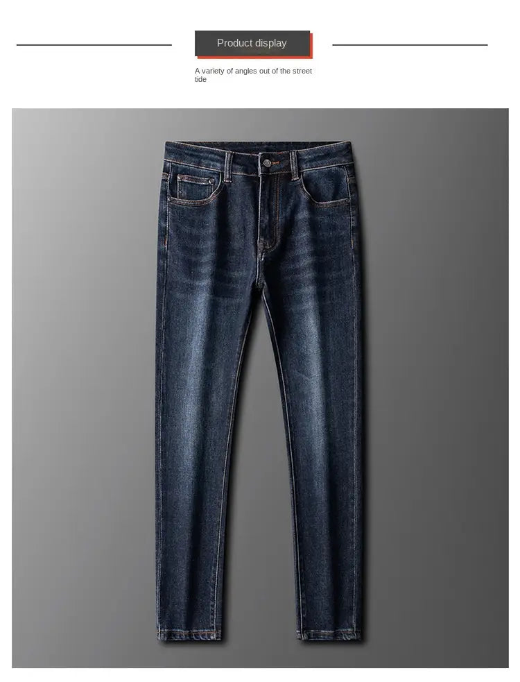 Slim fit dark blue denim jeans for men featuring a classic five pocket design and dark wash fabric.