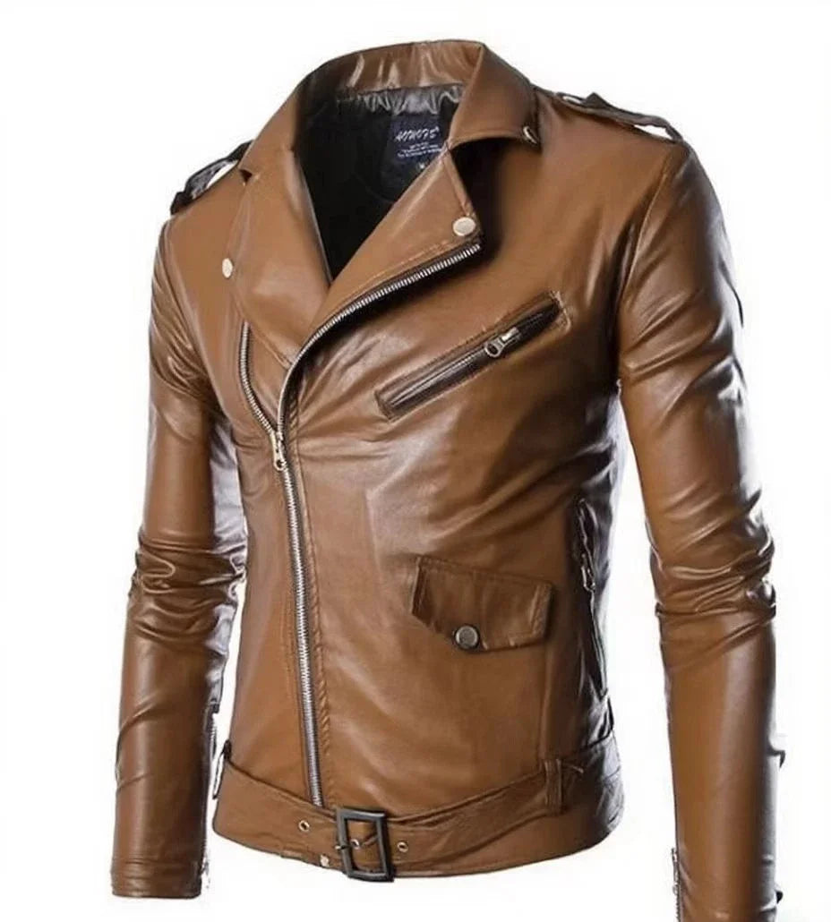 Braune Motorrad-Bikerjacke aus Leder für Herren mit silbernen Reißverschlüssen und einer schwarzen Gürtelschnalle im Vintage-Stil in großen Größen
