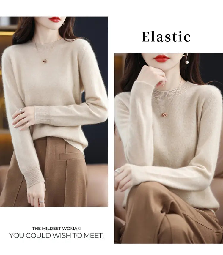 Cream-colored pure wool cashmere o-neck pullover sweater with long sleeves knit in a soft elastic fit and subtle ribbed cuffs.