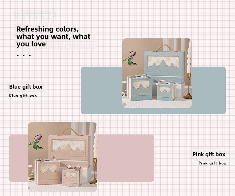 European style wedding gift box in blue with a delicate mountain silhouette cutout and soft pastel finish for candy packaging.