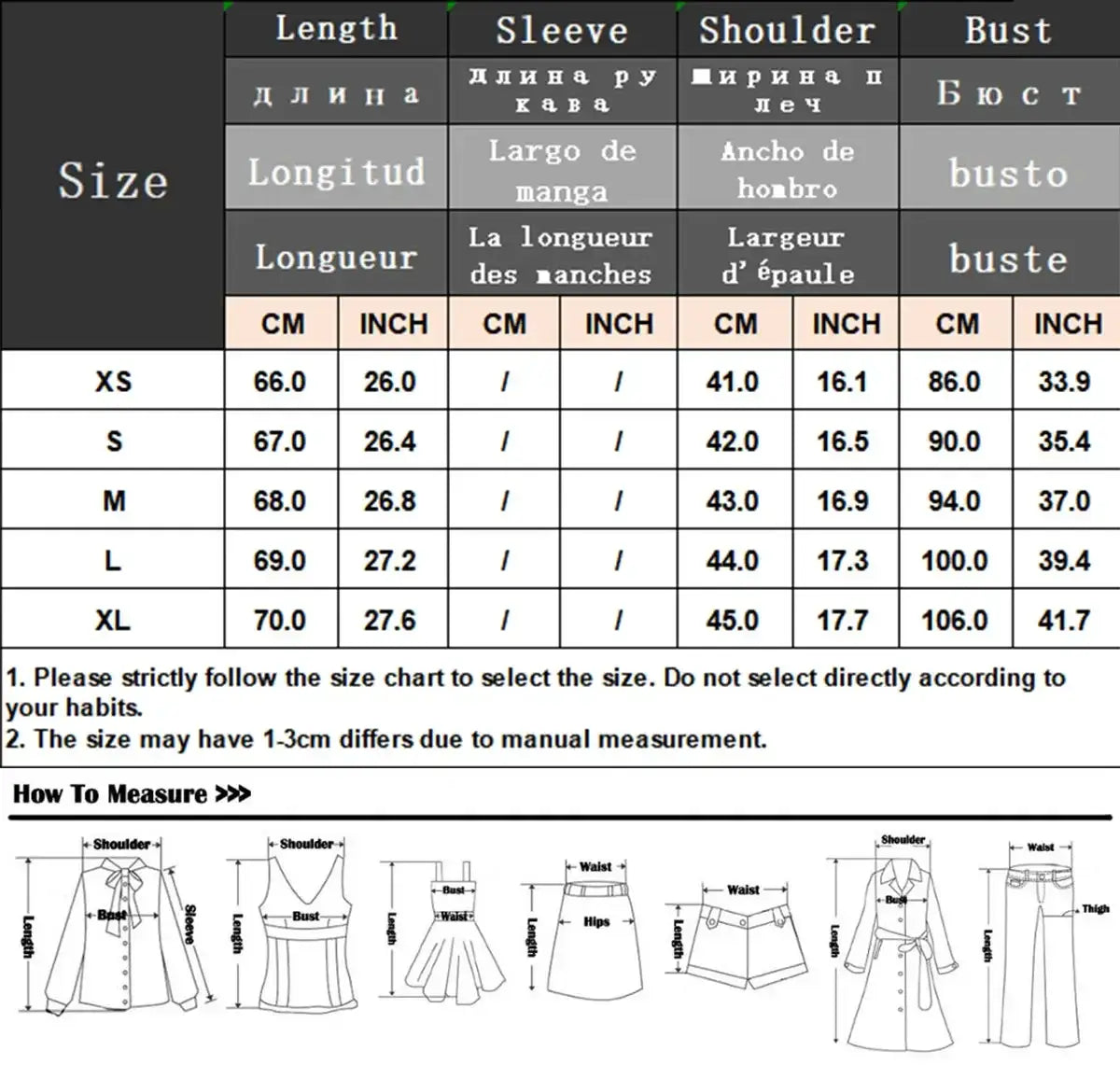 Size chart for a women’s puff sleeve white blouse casual loose summer top displaying measurements in centimeters and inches for sizes xs to xl.