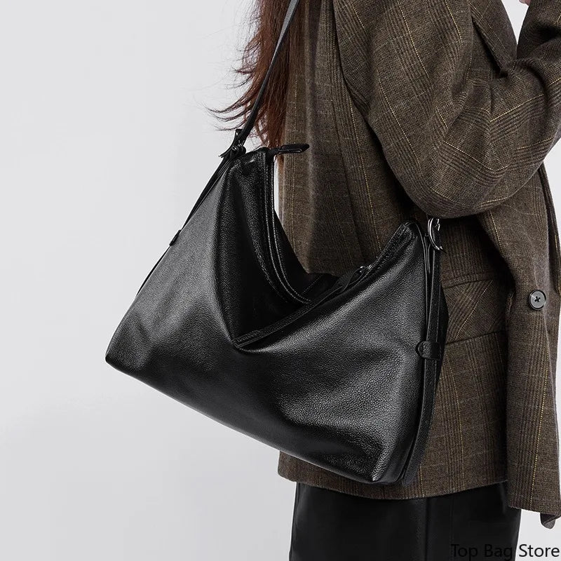 Genuine Leather Tote Bag for Women Large Work Bag with Detachable Shoulder Strap Logo-Free Structured Quiet Luxury