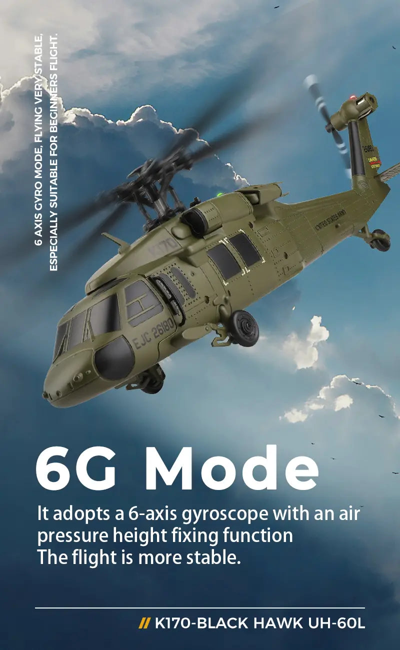 olive green remote control wltoys k170 uh-60l black hawk helicopter model with detailed markings and rotor blades featuring an 800mah 20c battery for extended flight time