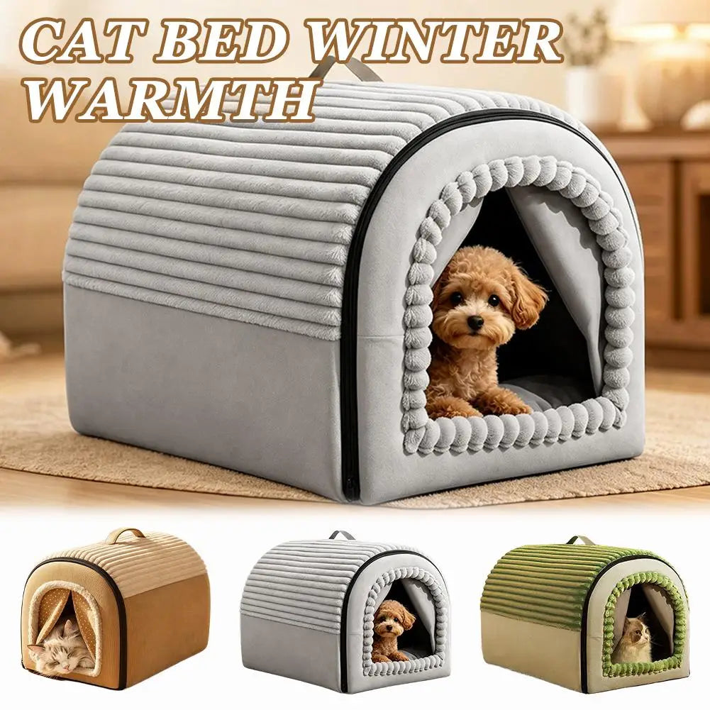 gray plush pet bed cave with ribbed texture and pom-pom trim around the entrance made of washable warm cotton for cozy use