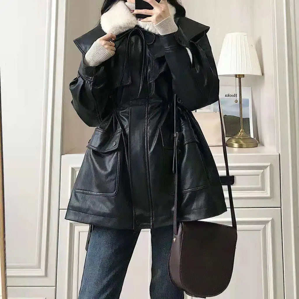Women's Black Leather Jacket 2025 Autumn Winter Retro Loose Small Size Plus Size Thickened Fleece PU Biker Jacket