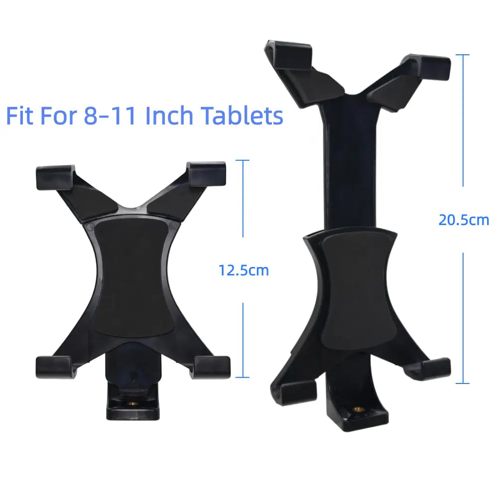Support universel pour tablette en plastique noir avec berceau en forme de V et hauteur réglable conçu pour les tablettes de 8 à 11 pouces, y compris iPad Air, Air2 et les modèles Galaxy.