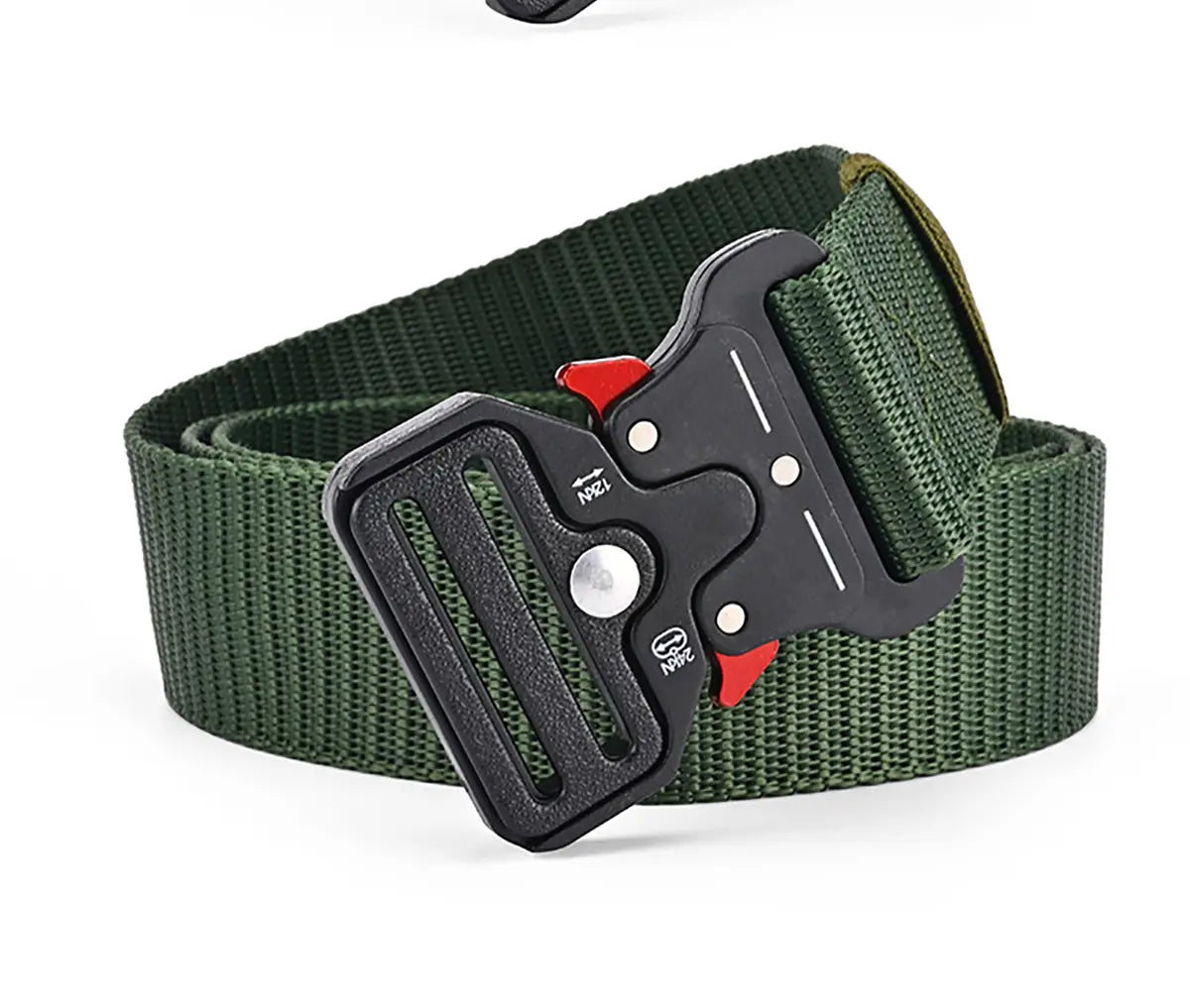 dark green tactical polyester belt with a black and red plastic adjustable buckle designed for unisex outdoor utility use.