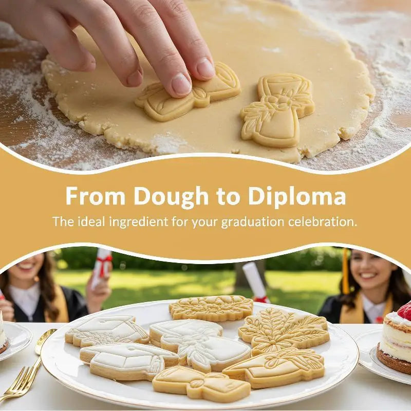 2026 graduation cookie cutter set featuring light beige detailed caps and gowns designed for creating decorated cookies.