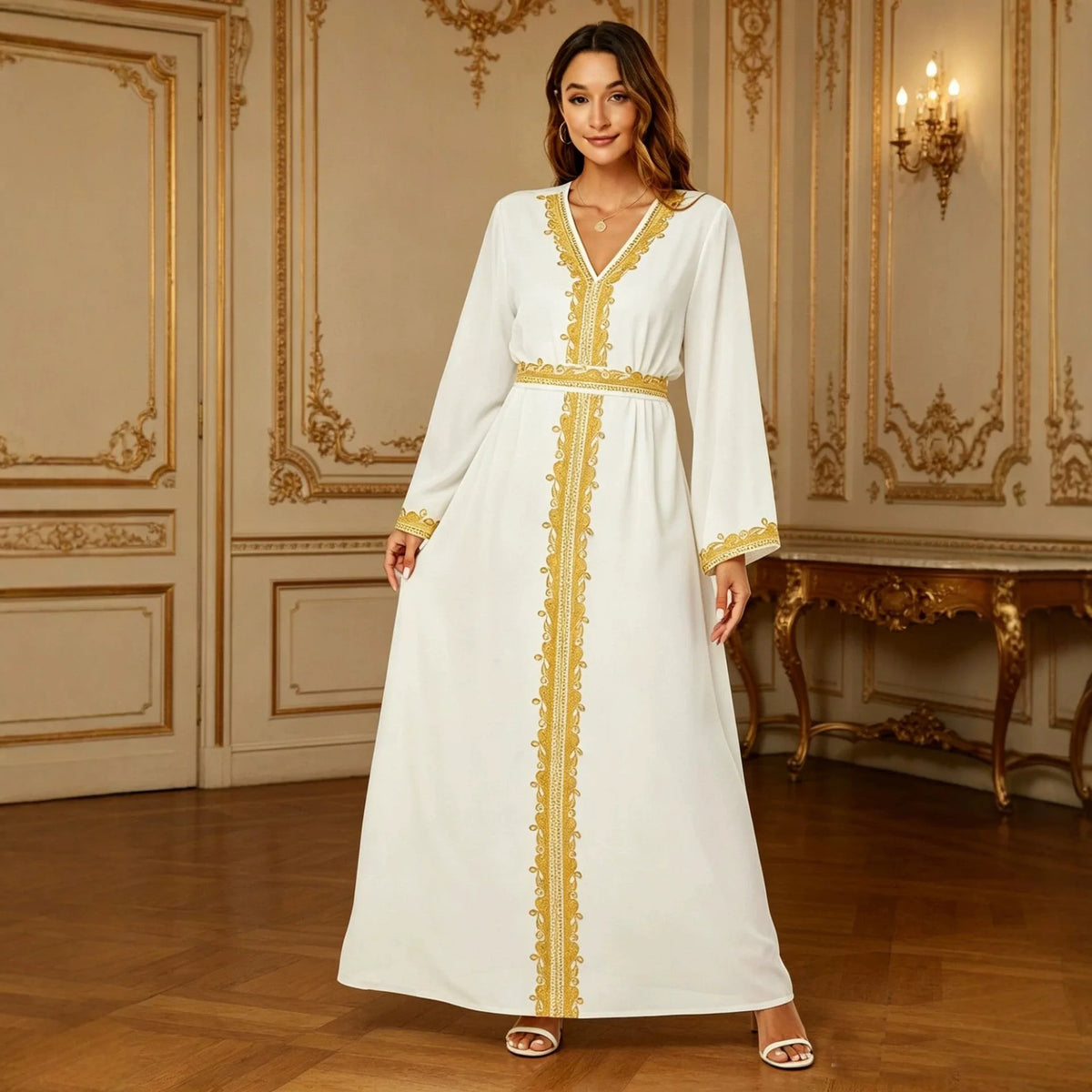 Gold Thread Lace Embroidery V-neck Waist Tied Dress Luxurious Elegant Ethnic Style Dignified Daily Gatherings Long Sleeved Robe