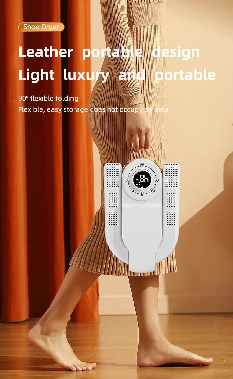 Sèche-chaussures électrique portable en cuir blanc, avec affichage numérique et conception de pliage flexible, pour un séchage et un réchauffement efficaces des chaussures.