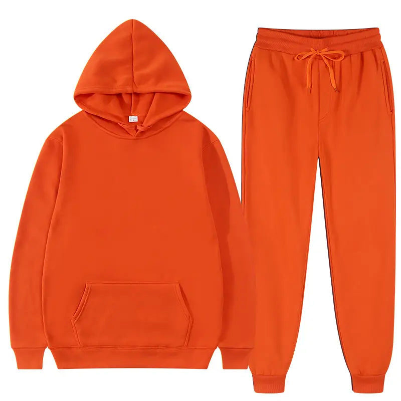 Ensemble décontracté sweat à capuche et jogging en molleton pour homme, orange, composé d’un matériau doux en molleton, conçu pour le confort et un usage décontracté.