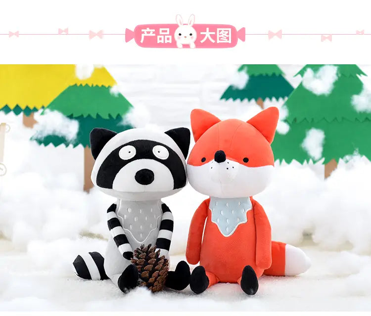 cute stuffed animal fox and raccoon plush toys featuring soft orange fur with a light blue collar and a black-and-white striped body, ideal as cuddly stuffed animal toys
