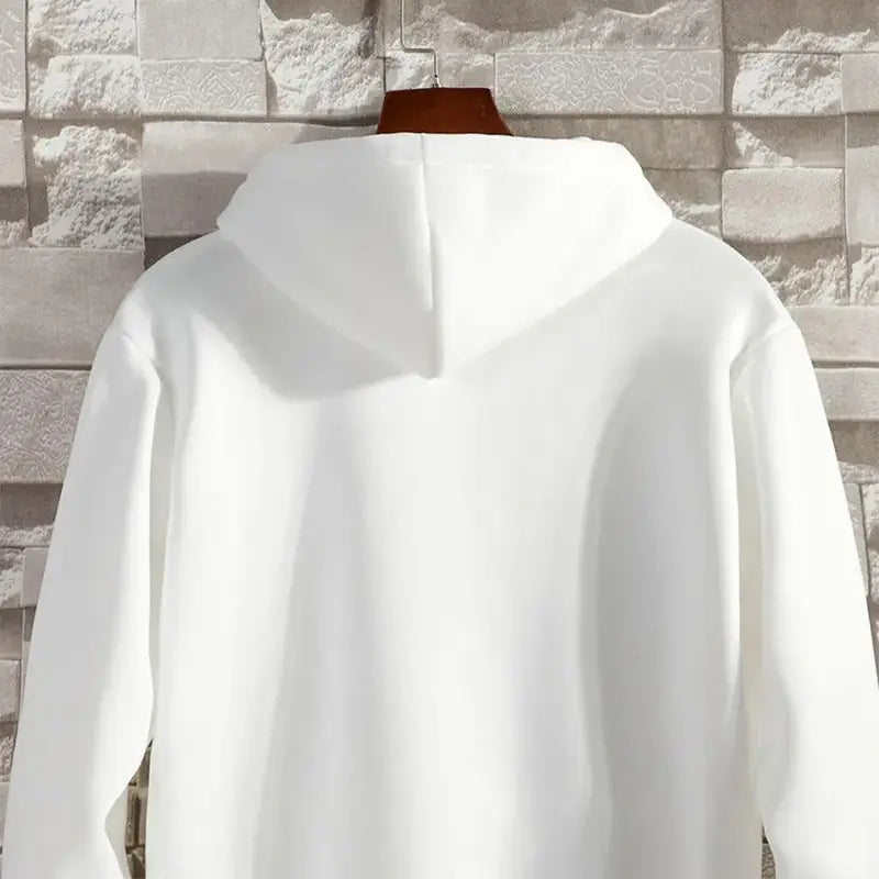 Men zip up hooded sweatshirt in white cotton blend with smooth fabric and clean lines for casual wear.