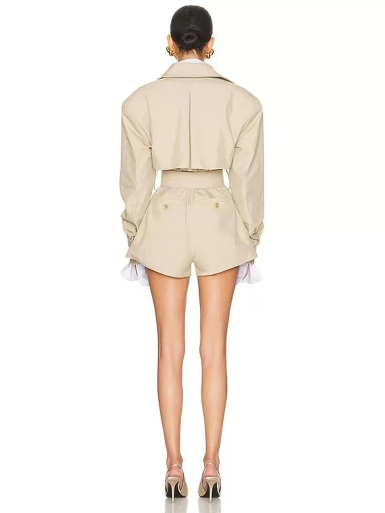 Winter Sexy Lapel Neck Long Sleeve Jacket Jumpsuit With Belt Women Double-breasted Jumpsuit Shorts Elegant Evening Party Runway