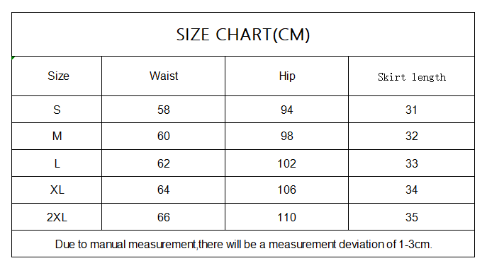 size chart for y2k ruffled high waist mini skirt showing measurements in centimeters for sizes s through 2xl.