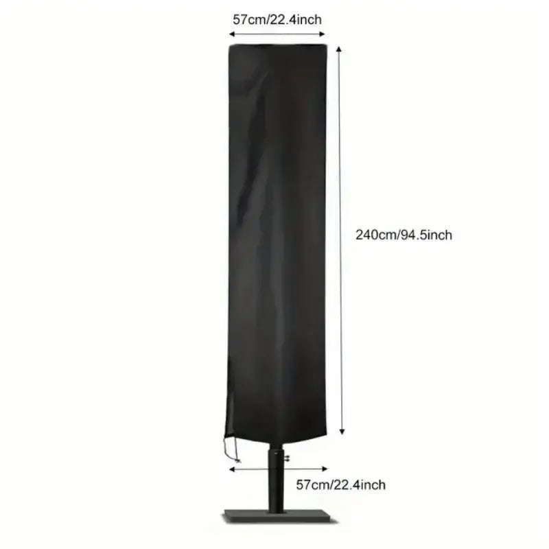 Housse de parasol déporté noire imperméable en tissu, mesurant 57 cm sur 240 cm.
