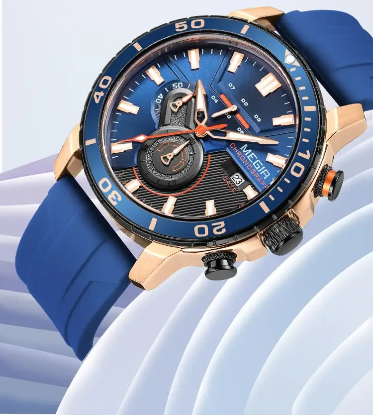 Megir men chronograph quartz sport watch with blue and rose gold case and blue silicone strap featuring a sporty design.