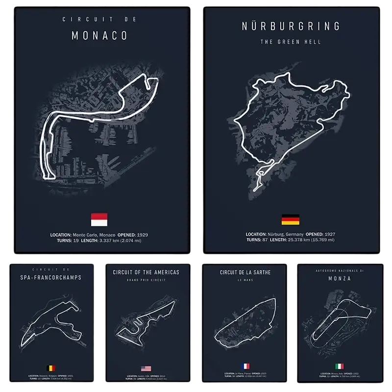 Set of six dark navy Formula 1 circuit posters with white line art and flags for home decor delivery in working days