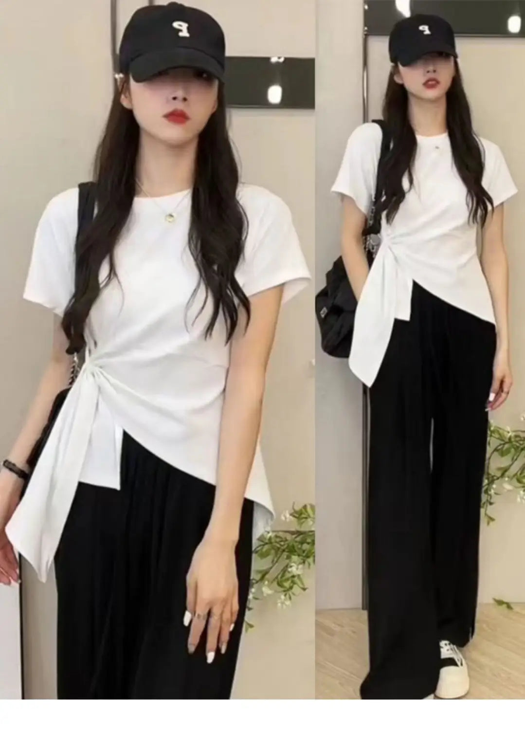 T-shirt blanc en coton à manches courtes pour femmes, avec un détail de nœud à l’avant, conçu pour un port d’été décontracté.