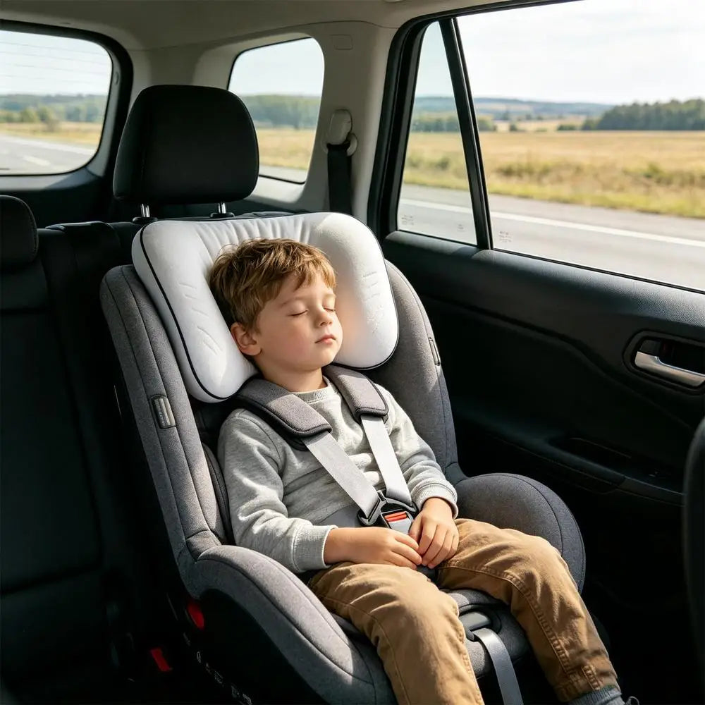 Grauer und weißer Babyschalen-Kindersitz mit gepolstertem Kopfstützkissen und verstellbaren Gurtbändern, einschließlich ergonomischem Memory-Schaum-Kissen für die Nackenstütze