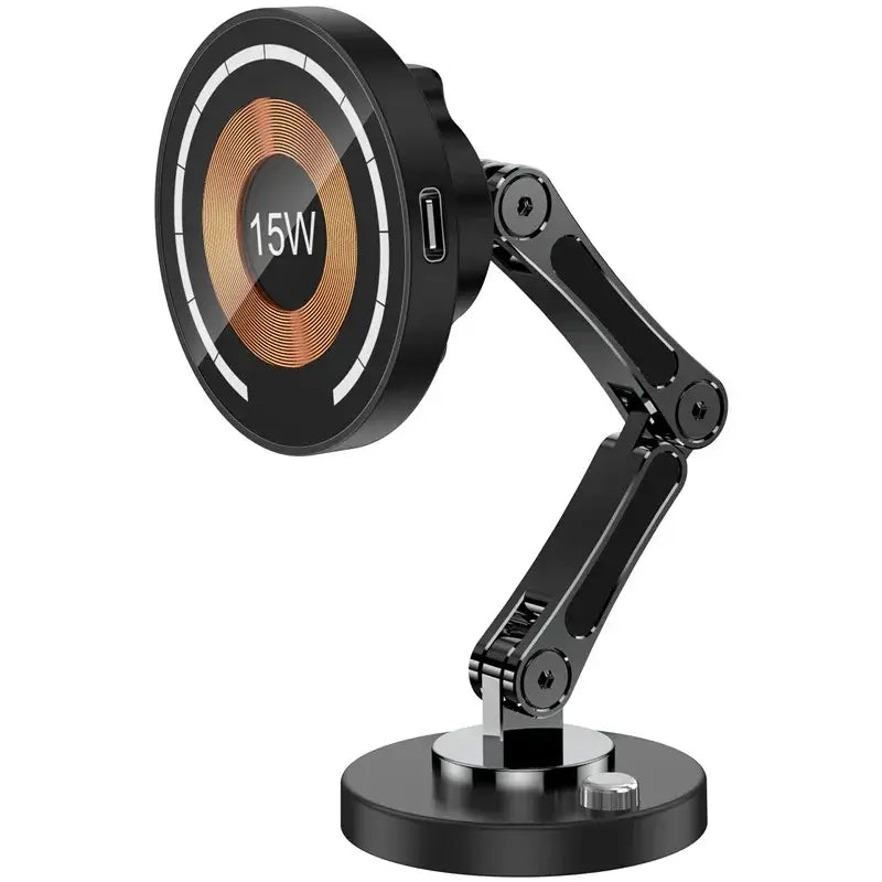 Lámpara de escritorio negra ajustable con brazos articulados, que incluye una almohadilla circular de carga inalámbrica de 15 W y un puerto USB, diseñada para el uso con cargador inalámbrico para coche magnético con iPhone 15 14 13 12.
