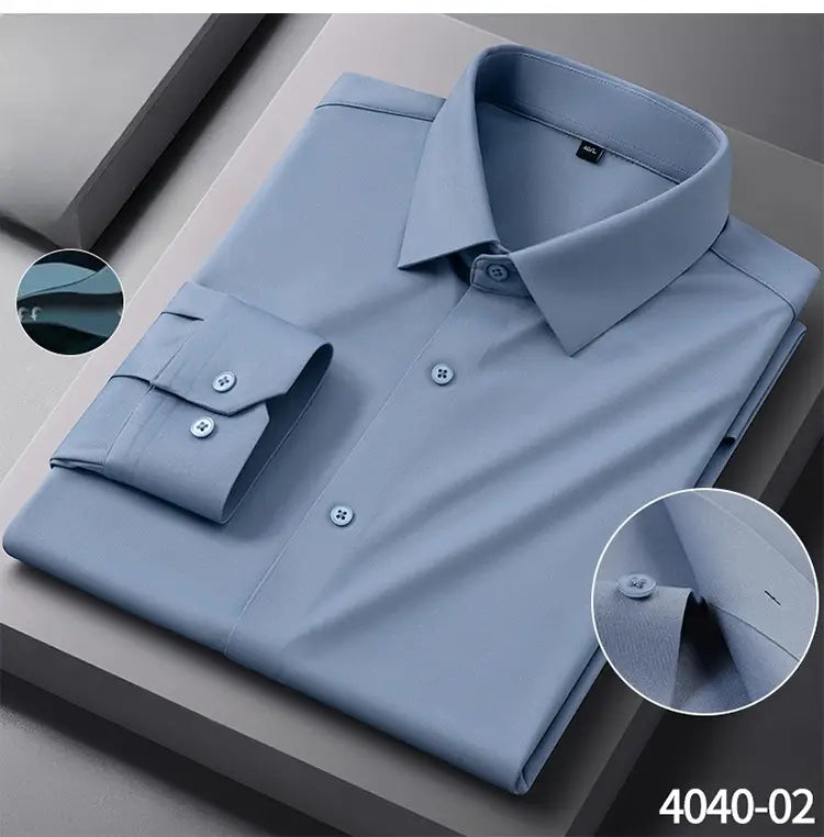 A neatly folded light blue men’s slim fit nylon formal dress shirt with a classic collar buttoned cuffs and subtle stitching details.