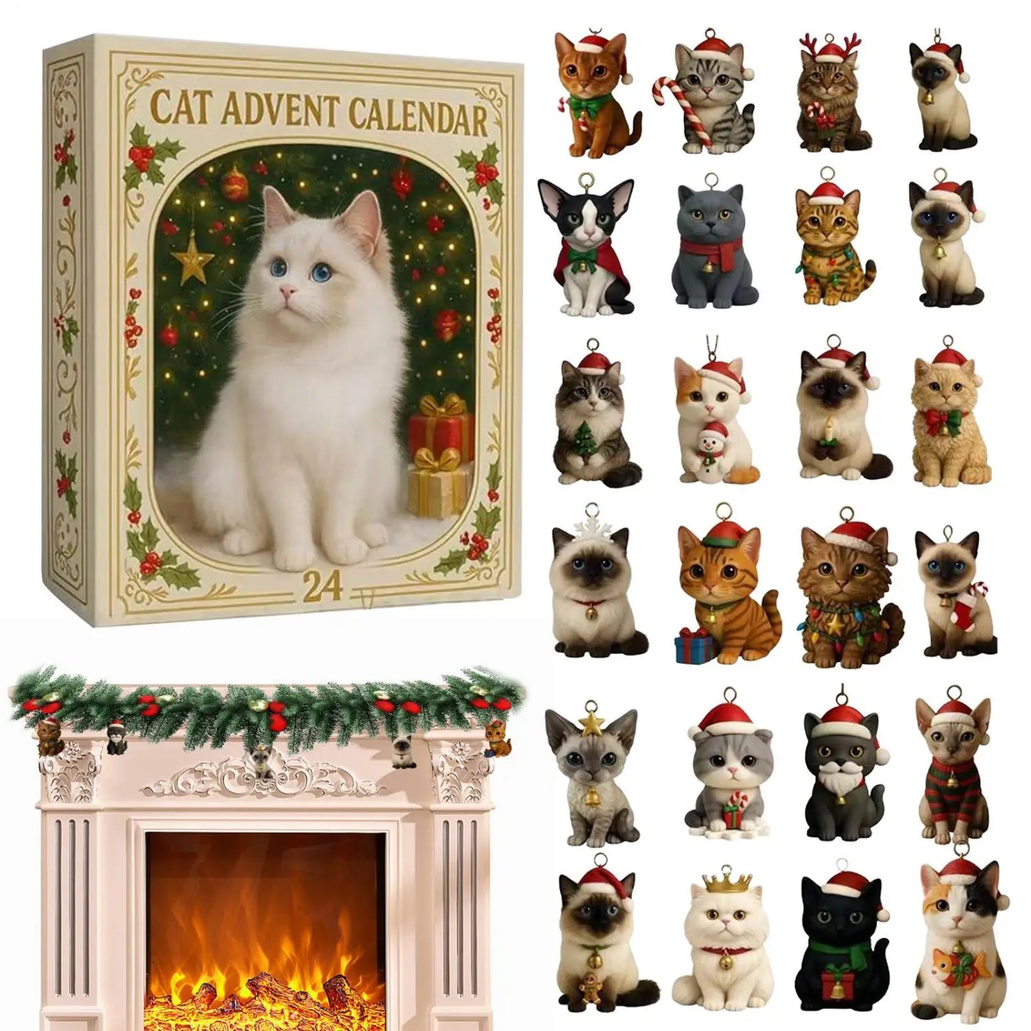 gato esponjoso blanco con ojos azules sobre una caja acrílica de cuenta atrás de Navidad de color crema, adornada con motivos de acebo y acentos dorados, diseñada para la decoración del árbol de gatos de cuenta atrás de 24 días.