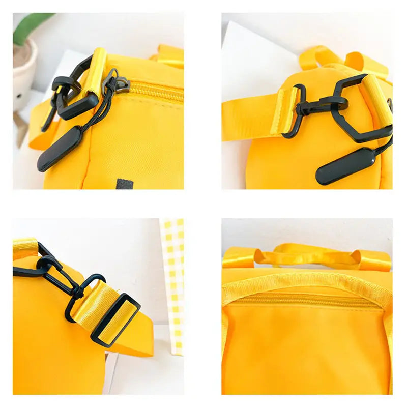 Leuchtend gelbe Nylonsporttasche für Kinder mit schwarzen Reißverschlüssen und verstellbaren Riemen, entworfen für Reise-, Gym- und Crossbody-Gepäck.
