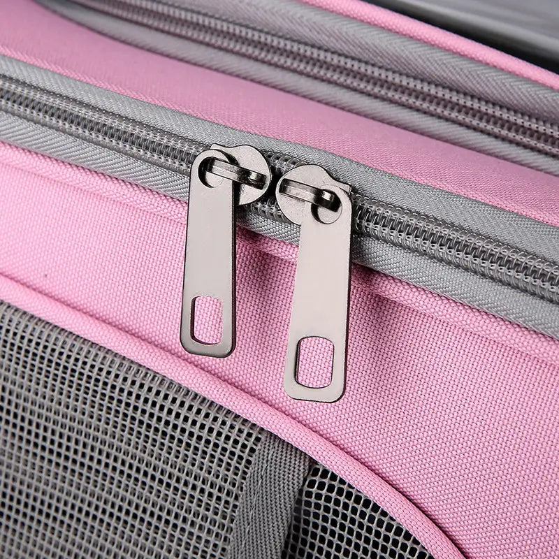 Sac à dos de transport pour animaux rose et gris en tissu Oxford, avec des tirettes de fermeture éclair argentées, destiné aux petits chats et aux petits chiens