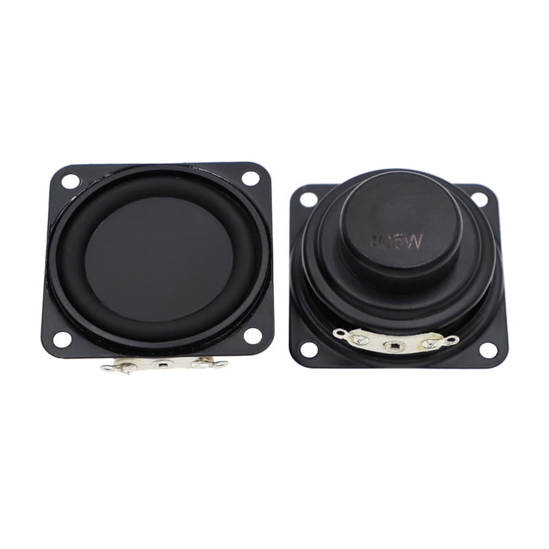 black square-shaped 40mm 4 ohm 5w full range bluetooth speaker driver components with circular cone and mounting holes, one showing the backside with silver terminals.