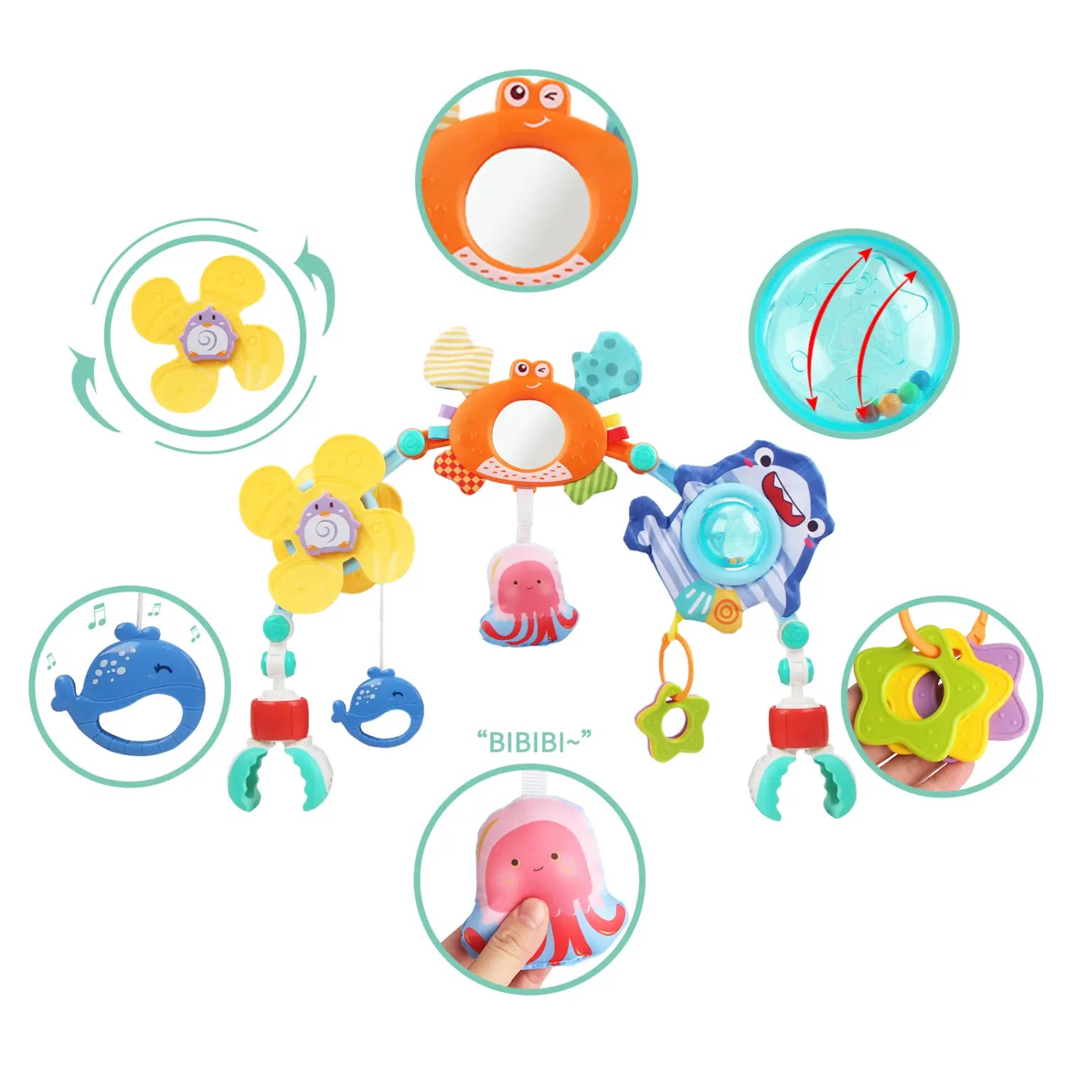 Fahrwagenbogen-Spielzeug für sensorische Aktivitäten für Babys mit leuchtend farbigen, interaktiven Kunststoffspielzeugen im Ozean-Thema, einschließlich eines lächelnden orangefarbenen Krabben-Spiegels und eines blauen Haifischs.