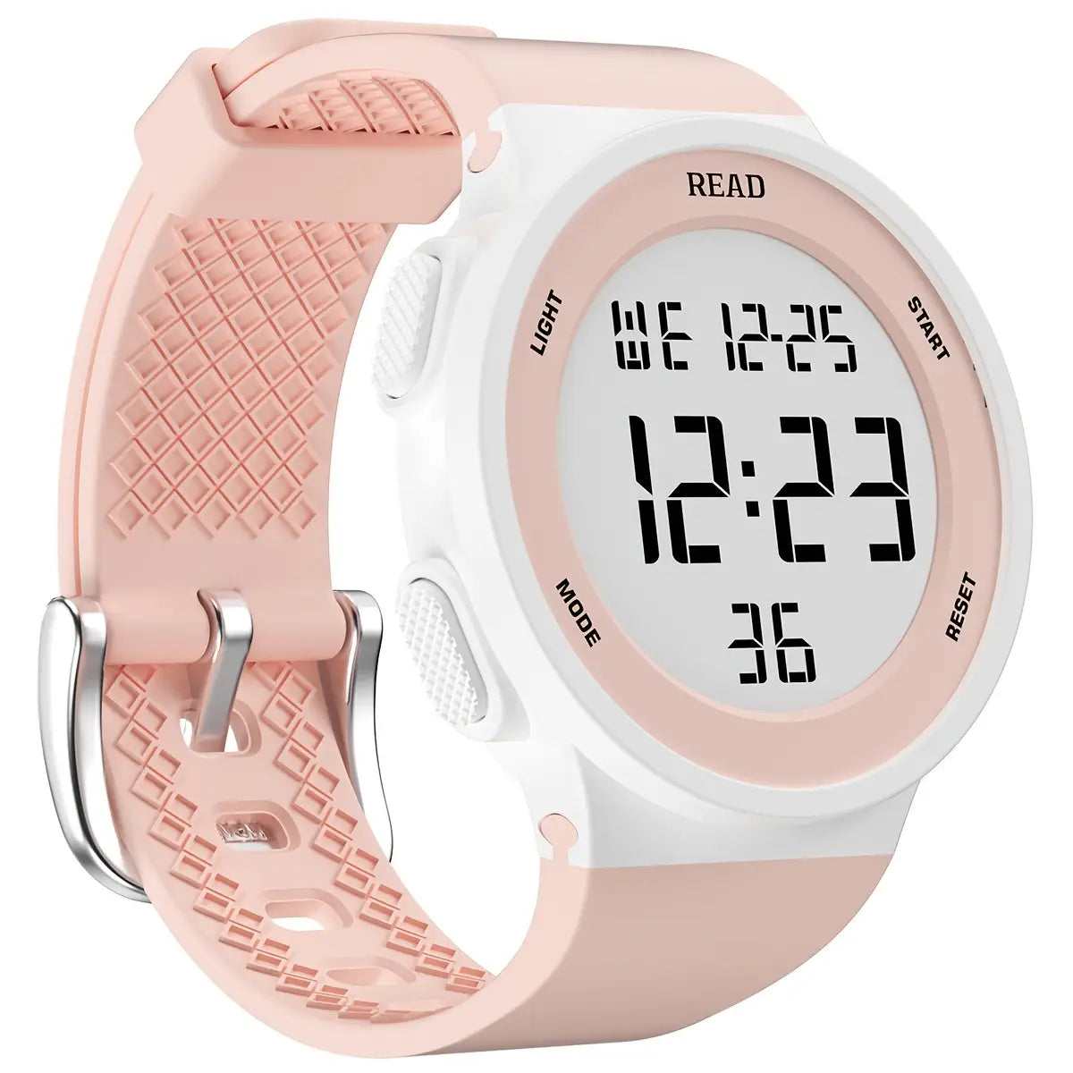 Pink silicone sport watch with white led digital display and silver buckle designed as a womens waterproof fitness timepiece.