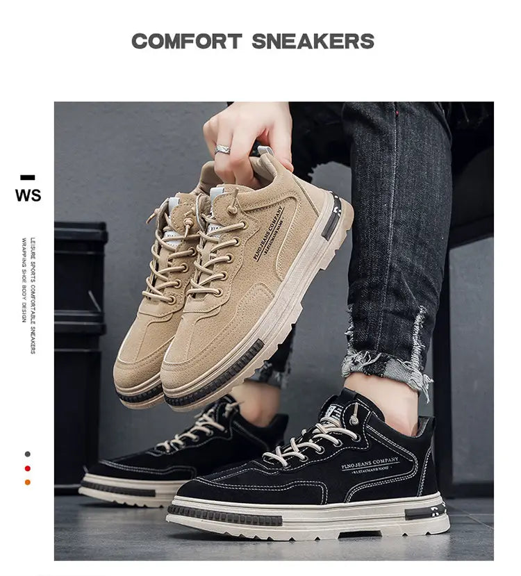 Zapatillas casual para hombre con parte superior de gamuza beige y negra transpirables, suelas blancas contrastantes y detalles de marca cosida.