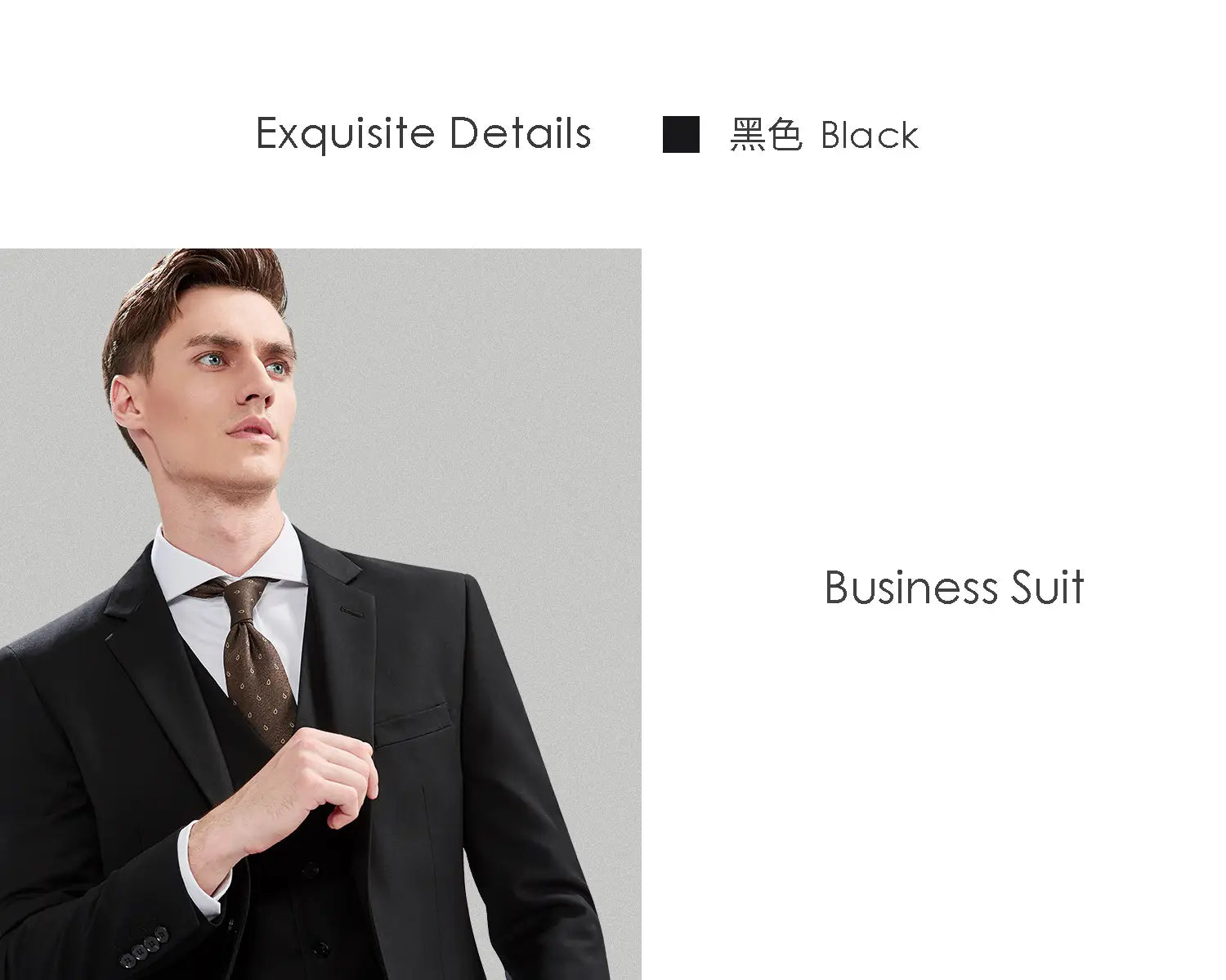 Costume noir pour homme en coupe slim, coupe ajustée élégante et texture discrète, avec type de fermeture boutonnée simple pour un usage formel et professionnel décontracté