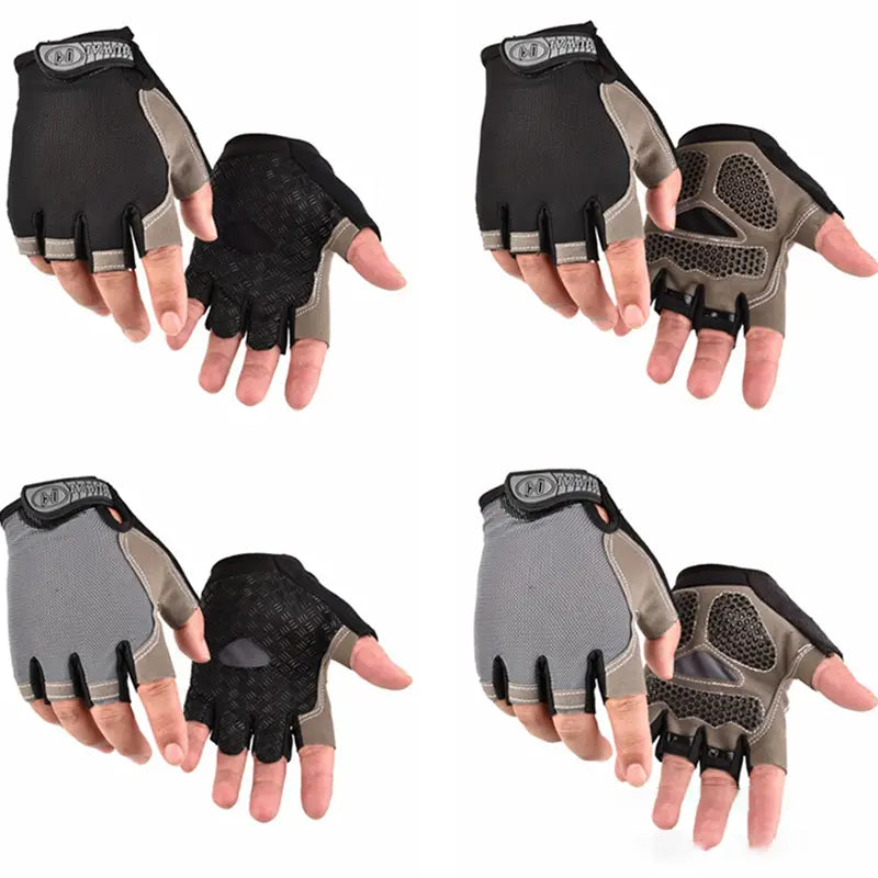 Guantes de ciclismo para entrenamiento físico en color negro y gris de media yema transpirables, con diseño sin dedos, palmas de malla transpirable y paneles de agarre reforzados, mostrados por el lado trasero.