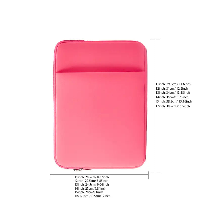 Multifunktionale Neopren-Laptoptasche in Pink mit glatter, gepolsterter Außenseite und vorderem Reißverschlussfach für Laptops von 11 bis 17 Zoll.