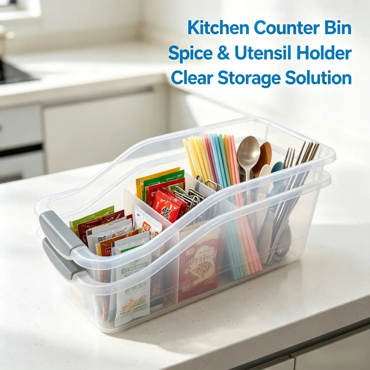 Clear plastic storage box with gray lid set featuring a clear plastic kitchen counter bin with gray handles designed to hold spices and utensils.