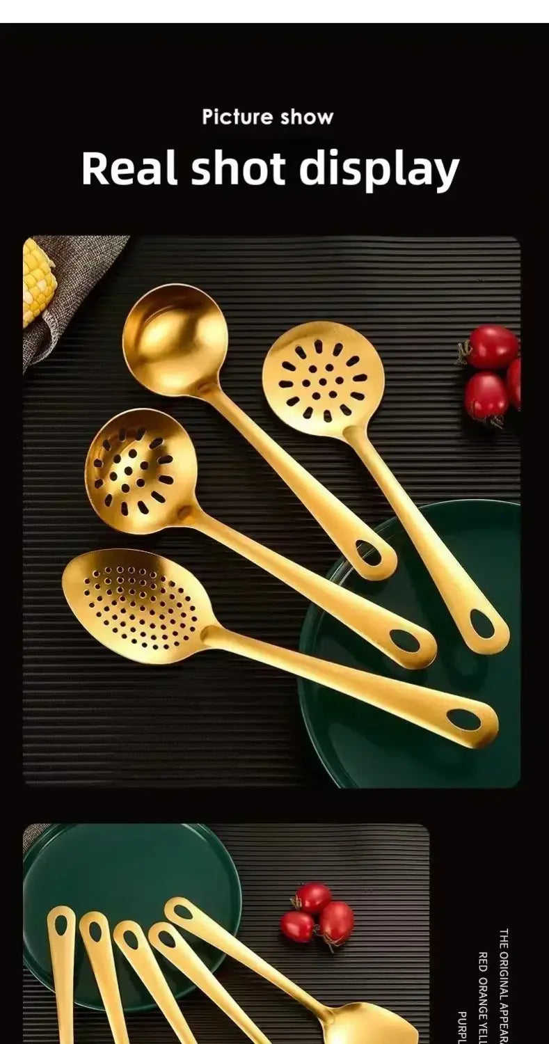 Set of four gold stainless steel kitchen utensils with perforated designs and oval handles for cooking and serving.
