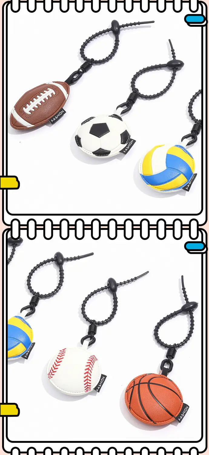 Leather sports ball keychain set bag charm featuring sport-themed silicone keychains with football, soccer ball, volleyball, baseball, and basketball designs in their respective colors.