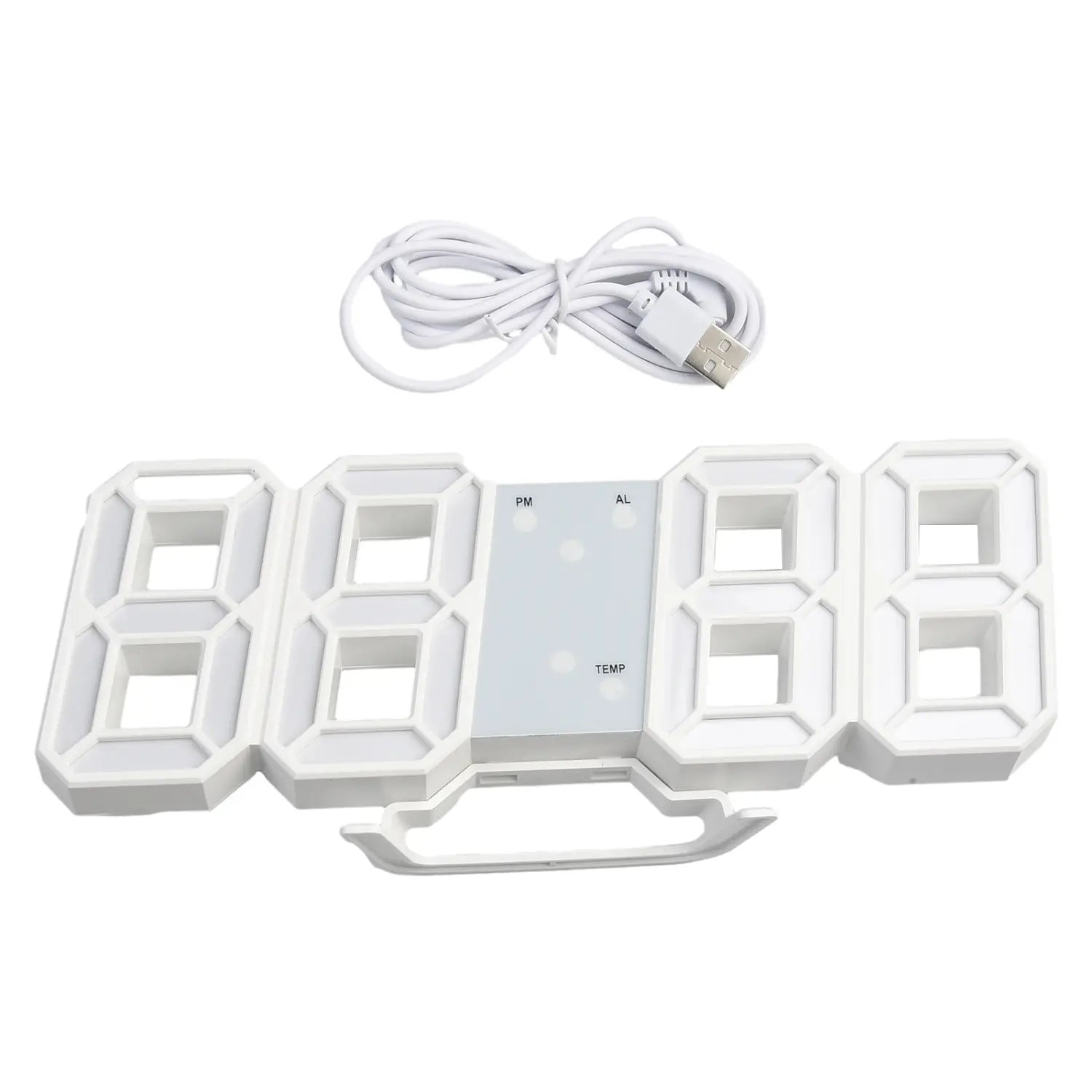 Horloge murale numérique LED 3d moderne en couleur blanche avec un design tridimensionnel élégant et un affichage de la température intégré pour un suivi précis de l’heure et de la température ambiante.