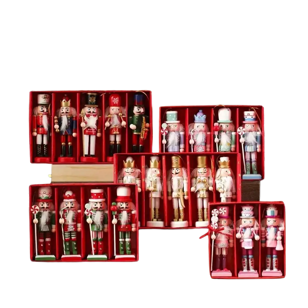 A collection of colorful wooden nutcracker soldier figurines painted for christmas tree decorations and gifts