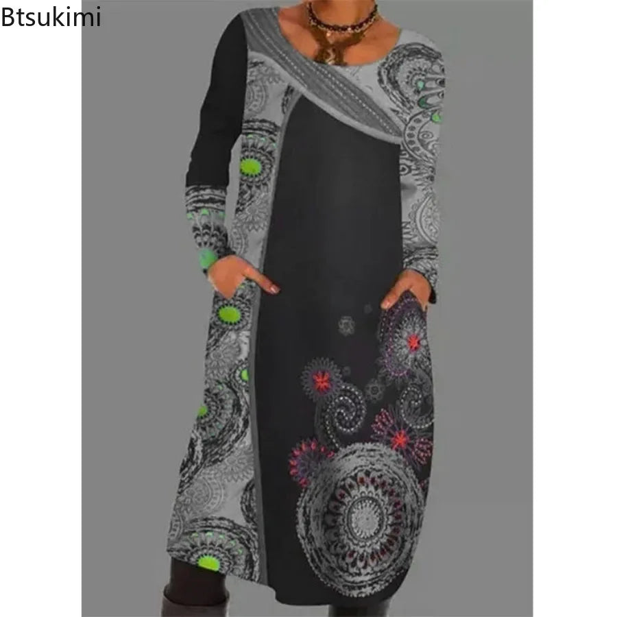 Ethnic Style Casual Dresses Women's Loose Vintage Ruffles Midi Dress Spring Autumn Long Sleeve Boho Printed Party Pocket Dress