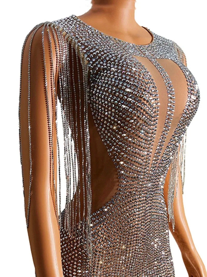 Women Celebrate Birthday Evening Dress Prom Outfit Sexy See Through Show Stage Wear Sparkly Rhinestones Tassels Crystals Dress