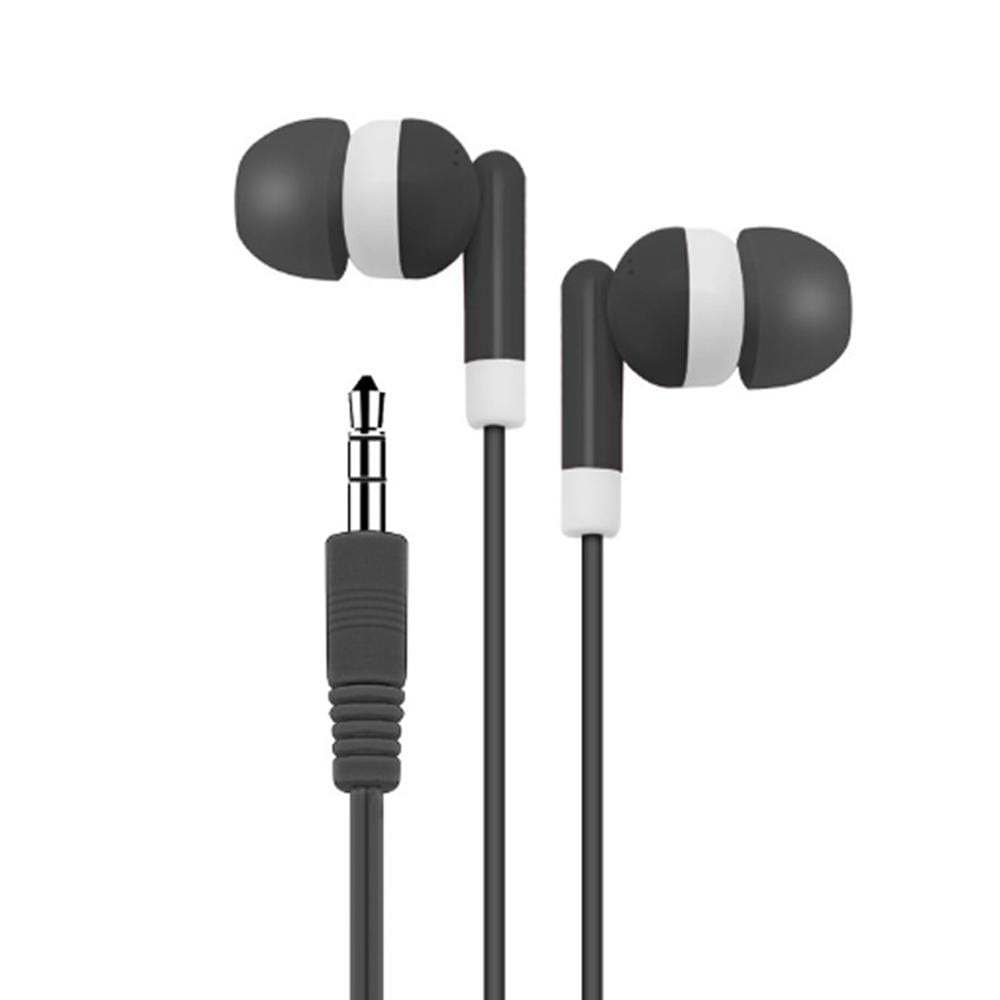 Auriculares intrauditivos con cable en negro y blanco, con conector de audio de 3,5 mm y suaves almohadillas de silicona para una escucha cómoda.