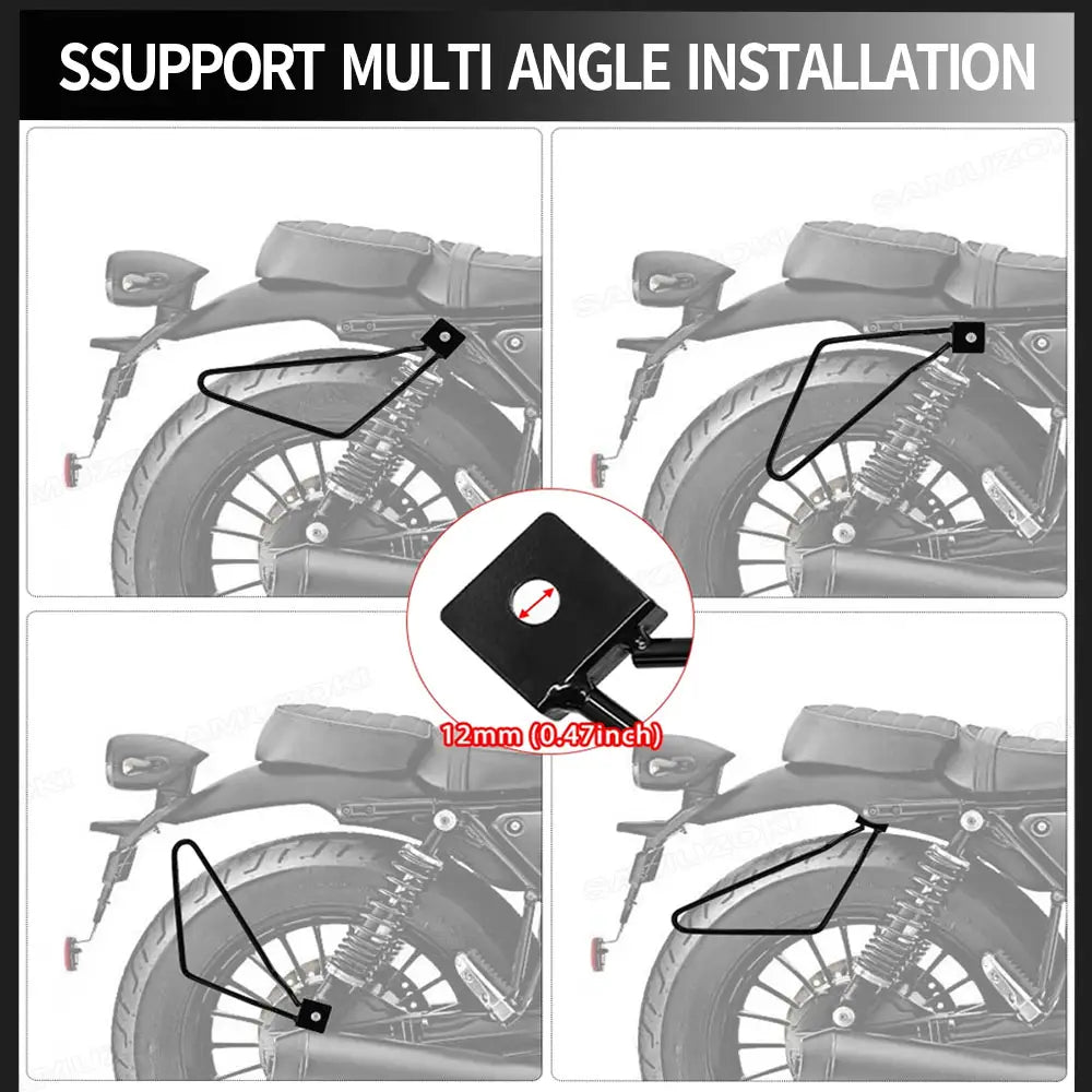 Black metal universal motorcycle saddlebag mount brackets shown from the back with an adjustable multi-angle mounting bracket.
